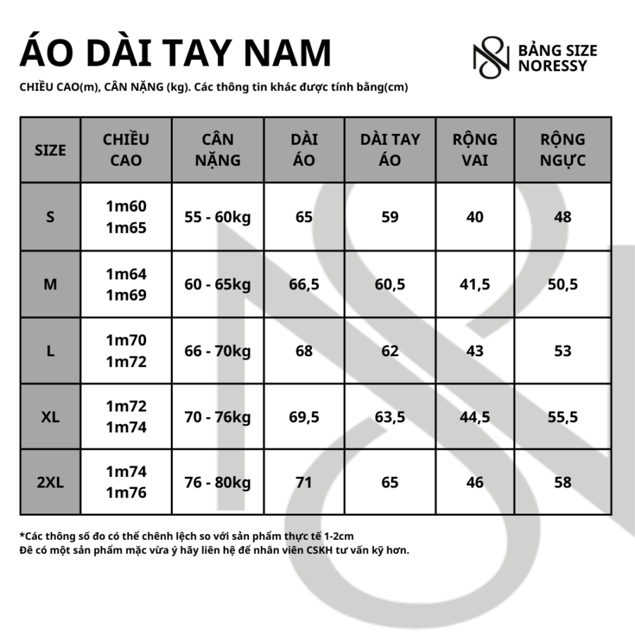 bảng size áo dài tay nữ